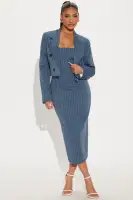 Elegant Pinstripe Midi Dress with Blazer – Mustard & Blue Options – Adjustable Straps & Back Zipper