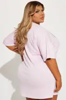 Pink Mini Dress with High Neckline & Short Sleeves – Stretchy 87% Polyester Blend(Pink,XS)