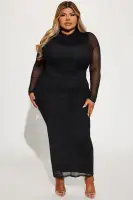 Elegant Black Mesh Maxi Dress with Rhinestone Embellishments & Sheer Long Sleeves(Black,XS)