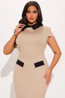 Elegant Ponte Midi Dress with Collar Neckline & Cap Sleeves – Black/White/Taupe(Taupe/combo,XS)
