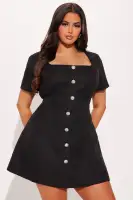 Elegant Rhinestone-Embellished Tweed Mini Dress with Pleated Detail & Square Neckline(Black,XS)
