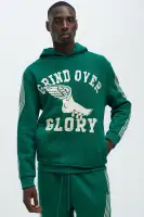 Green Hoodie Long Sleeve Screen Print Kangaroo Pocket Blend Fabric Imported