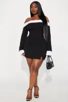 Sexy Off-Shoulder Mini Dress with Back Zipper & Slit - Black/White Stretch Rayon Blend(Black/White,XS)