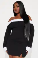 Sexy Off-Shoulder Mini Dress with Back Zipper & Slit - Black/White Stretch Rayon Blend(Black/White,XS)