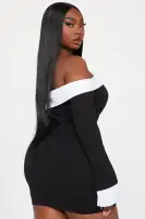 Sexy Off-Shoulder Mini Dress with Back Zipper & Slit - Black/White Stretch Rayon Blend(Black/White,XS)