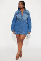 Vintage Wash Denim Mini Dress with Collar, Long Sleeves & Belt – 98% Cotton Stretch Fit(MEDIUM Wash,XS)