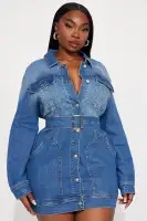 Vintage Wash Denim Mini Dress with Collar, Long Sleeves & Belt – 98% Cotton Stretch Fit(MEDIUM Wash,XS)