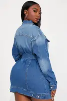 Vintage Wash Denim Mini Dress with Collar, Long Sleeves & Belt – 98% Cotton Stretch Fit(MEDIUM Wash,XS)