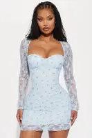 Elegant Lace Floral Mini Dress with Sweetheart Neckline & Long Sheer Sleeves – Butter Yellow or Blue(Blue,XS)