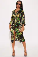 Elegant Black Satin Shirt Midi Dress with Tie Front & 3/4 Sleeves