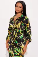 Elegant Black Satin Shirt Midi Dress with Tie Front & 3/4 Sleeves(Black/combo,XS)