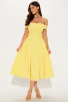 Elegant Off-Shoulder Pleated Midi Dress with Back Zipper – Yellow & Plum Options