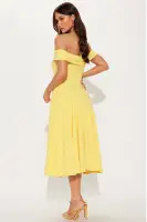 Elegant Off-Shoulder Pleated Midi Dress with Back Zipper – Yellow & Plum Options(Yellow,XS)