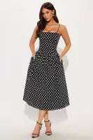 Black Polka Dot Square Neck Midi Dress with Pockets & Adjustable Straps – 100% Cotton