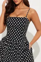 Black Polka Dot Square Neck Midi Dress with Pockets & Adjustable Straps – 100% Cotton(Black,XS)