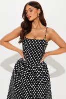 Black Polka Dot Square Neck Midi Dress with Pockets & Adjustable Straps – 100% Cotton(Black,XS)