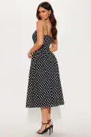 Black Polka Dot Square Neck Midi Dress with Pockets & Adjustable Straps – 100% Cotton(Black,XS)
