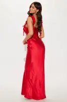 Elegant Red Satin Maxi Dress with Sweetheart Neckline & Padded Bra Cups(Red,XS)