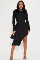 Elegant Open Back Midi Dress – High Neck, Long Sleeves & Slit Backless Design – Black & Olive(Black,S)