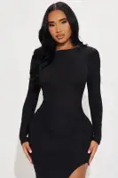Elegant Open Back Midi Dress – High Neck, Long Sleeves & Slit Backless Design – Black & Olive(Black,S)