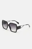 Square Frame Plastic Oversized Cut-Out Temple Detail Imported Sunglasses(Black,OS)