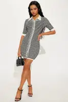 Chic Striped Crochet Mini Dress - Ivory/Combo, Collar Neckline & Button Up