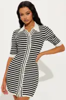 Chic Striped Crochet Mini Dress - Ivory/Combo, Collar Neckline & Button Up(Ivory/combo,XS)