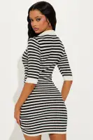 Chic Striped Crochet Mini Dress - Ivory/Combo, Collar Neckline & Button Up(Ivory/combo,XS)
