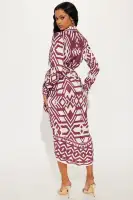 Elegant Satin Shirt Midi Dress with Tie Waist – Navy & Burgundy(Burgundy,XS)