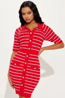 Stylish Striped Mini Dress with Collar Neckline - Navy/Combo & Red/Combo - Stretchy & Comfortable(Red/combo,XS)