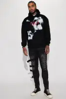 Hood Long Sleeve Embroidered Print Big & Tall Sweatshirt (Black)(Black,S)