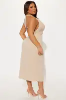 Elegant Taupe Sleeveless Midi Dress – Deep V-Neck with Slit & Cut-Out Back Detail(Taupe,XS)