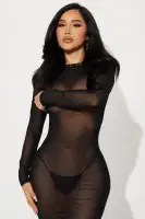 Elegant Black Mesh Gown with Lace-Up Back & Train - Includes Stretch Panty (Long Sleeve, High Neck)(Black,XS)