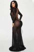 Elegant Black Mesh Gown with Lace-Up Back & Train - Includes Stretch Panty (Long Sleeve, High Neck)(Black,XS)