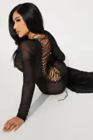 Elegant Black Mesh Gown with Lace-Up Back & Train - Includes Stretch Panty (Long Sleeve, High Neck)(Black,XS)