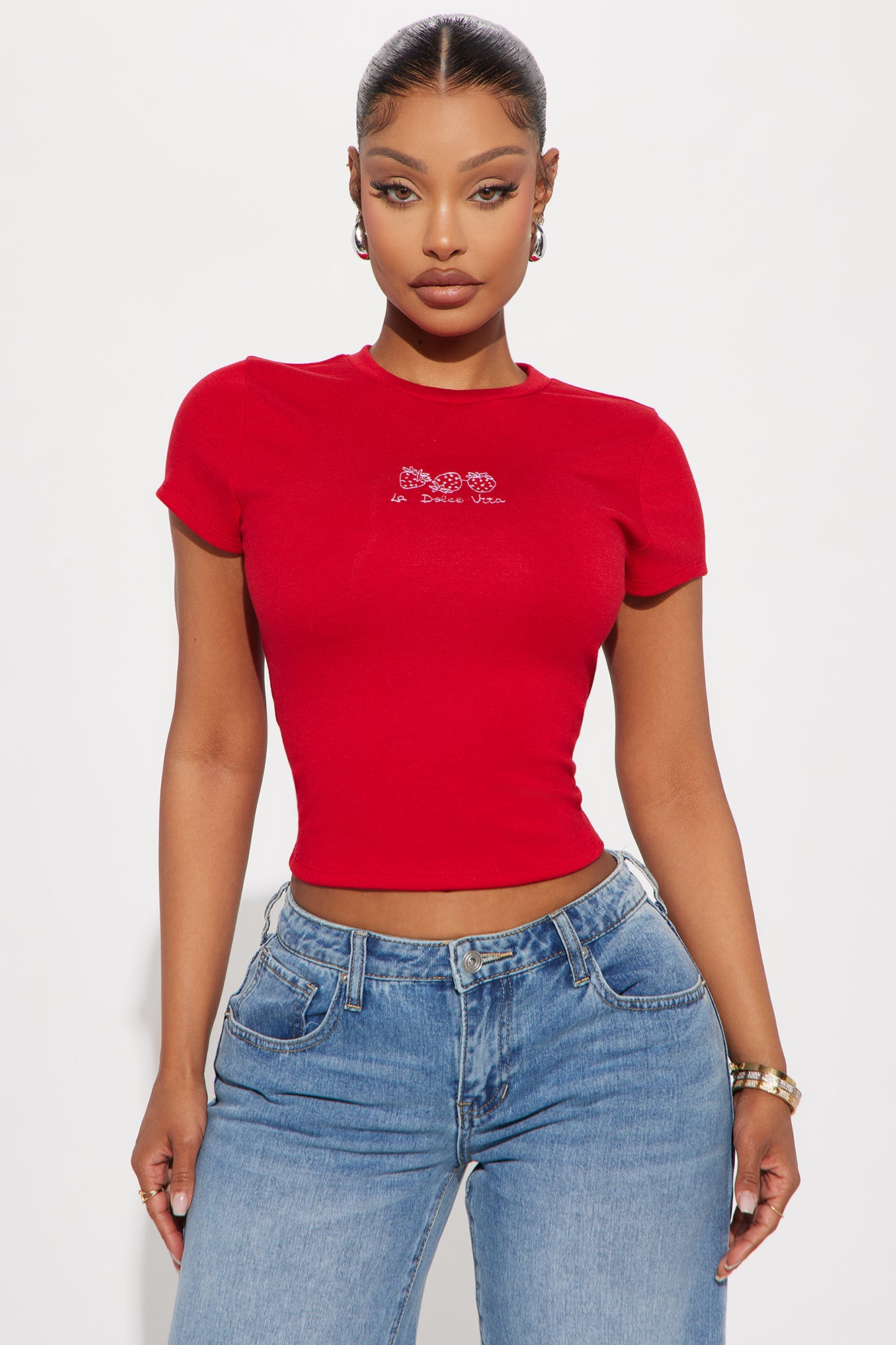 Stylish Red Crew Neck Short Sleeve Tee with Embroidery Detail - Stretchy Polyester Blend