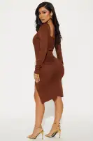 Elegant Ribbed Midi Dress with Square Neck & Long Sleeves - Stretchy Polyester/Spandex Blend(Chocolate,S)