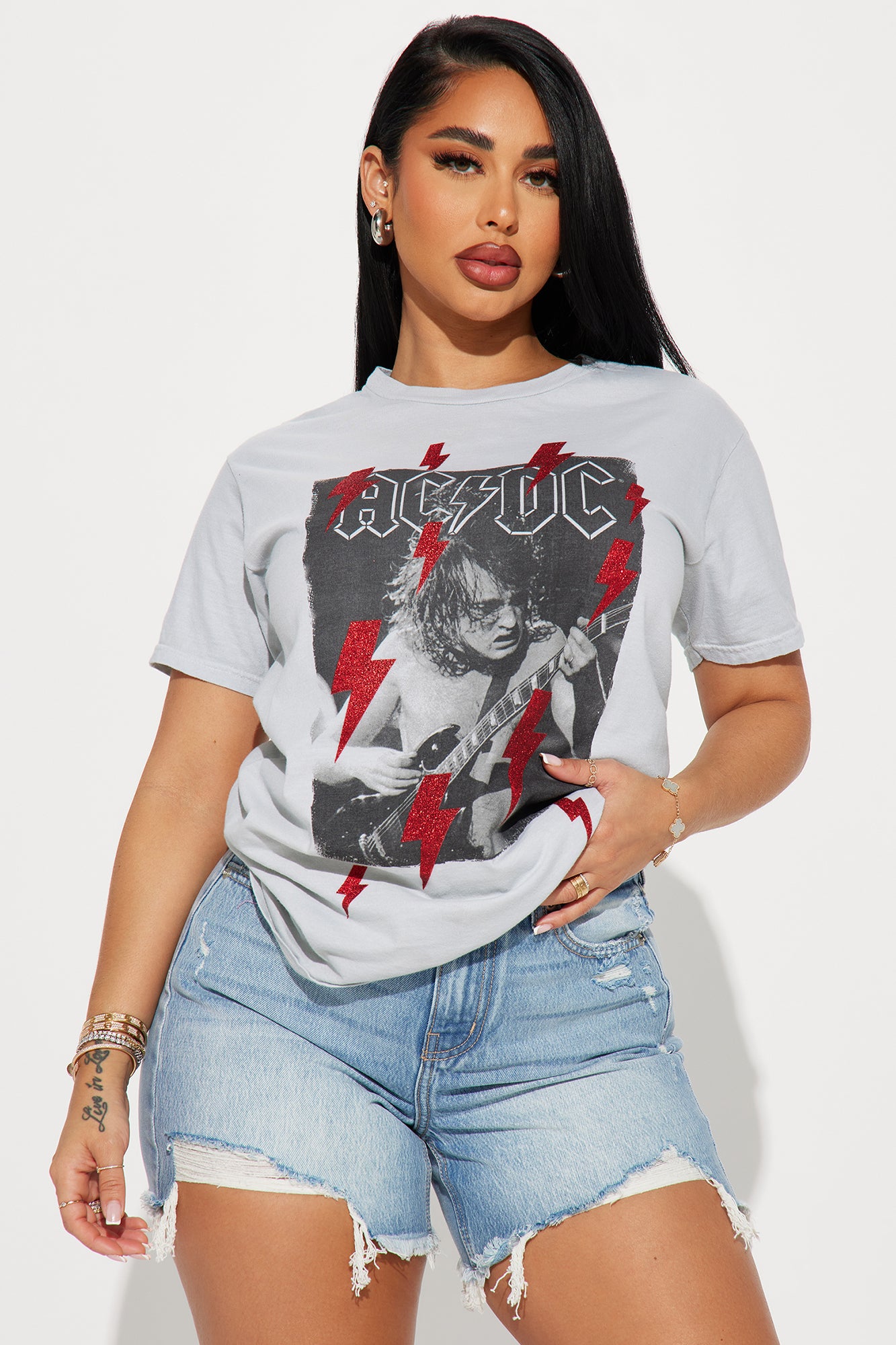 ACDC Glitter Graphic Crew Neck Tee - Stretch Cotton Short Sleeve (Grey/Combo)