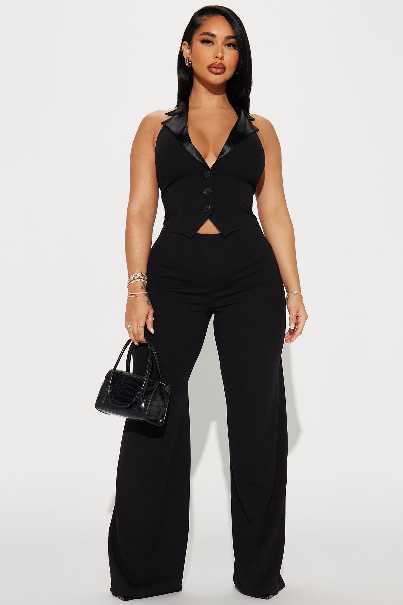 Lapel Collar Sleeveless Button Front Wide Leg Backless Crepe Stretch Jumpsuit