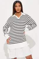 Ivory & Black Striped Mini Dress - Collar Neckline, Long Sleeves, Pleated & Stretch Cotton(Ivory/combo,XS)