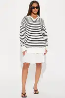 Ivory & Black Striped Mini Dress - Collar Neckline, Long Sleeves, Pleated & Stretch Cotton