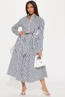 Navy Striped Midi Dress with Tie Waist & Pockets – Long Sleeve Button-Down Collar Dress