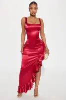 Elegant Red Satin Maxi Dress with Square Neckline & High Slit – Ruffle Detail & Back Zipper