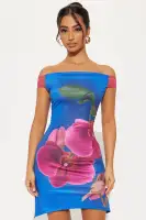 Floral Off-Shoulder Mini Dress with Lace Sleeves & Asymmetrical Hem - Stretchy & Stylish