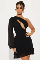 Elegant Black Chiffon Mini Dress with One Shoulder & Cut-Out Detail(Black,XS)