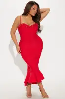 Sexy Red Bandage Midi Dress with Sweetheart Neckline & Floral Appliques(Red,XS)