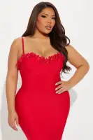 Sexy Red Bandage Midi Dress with Sweetheart Neckline & Floral Appliques(Red,XS)