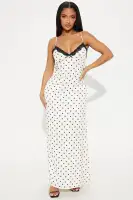 Elegant Ivory Polka Dot Maxi Dress with Lace Trim & Adjustable Straps