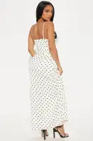 Elegant Ivory Polka Dot Maxi Dress with Lace Trim & Adjustable Straps(Ivory/combo,XS)