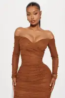 Elegant Light Brown Mesh Maxi Dress with Pearl Embellishments & Back Slit(LightBrown,XS)